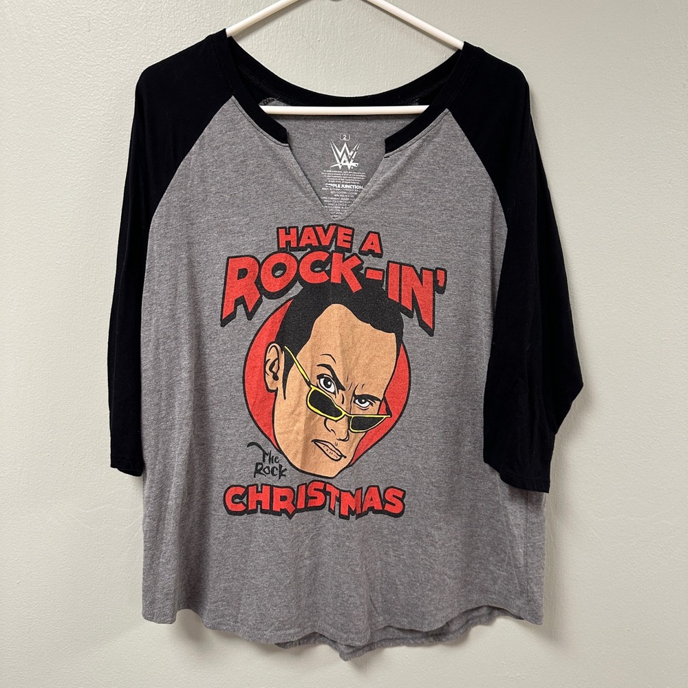 90s WWE The Rock Christmas Baseball Tee Gray Black 3/4 Sleeve Size 2X
